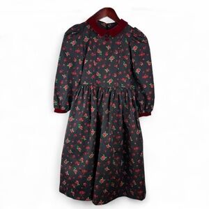 Mousefeathers Vintage Girls Black Red Velvet Floral Dress Christmas Prairie 10